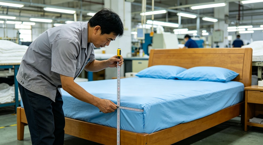 action photograph of quality inspector hands checking stitch density on white duvet cover with measuring gauge in factory QC area