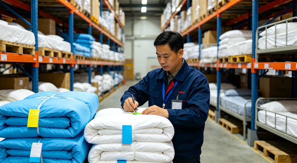documentary photograph of Asian factory worker vertically measuring mattress pocket depth with tape on sky blue fitted sheet in QC area