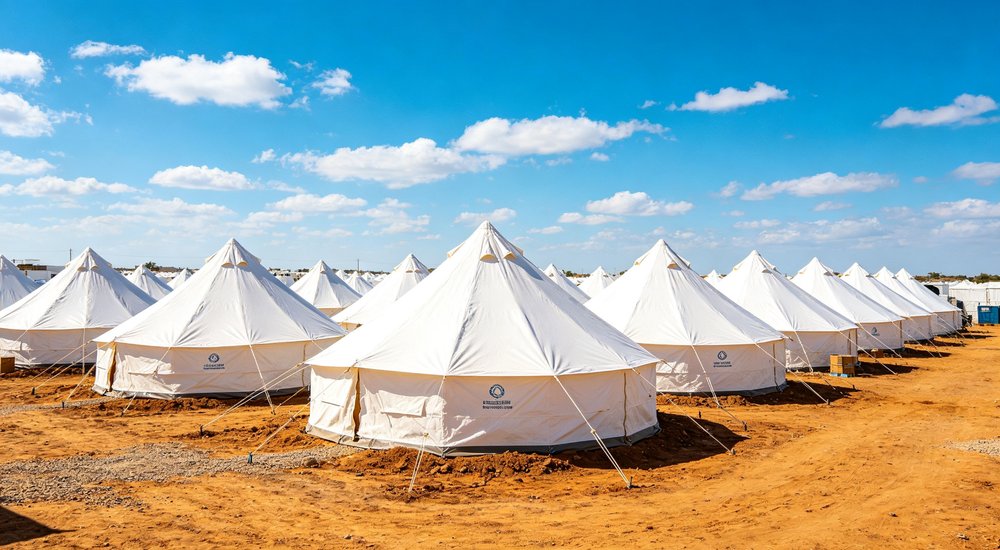 Field deployed emergency shelter showing robust frame construction waterproof material and practical design features meeting international standards for disaster response and refugee accommodation