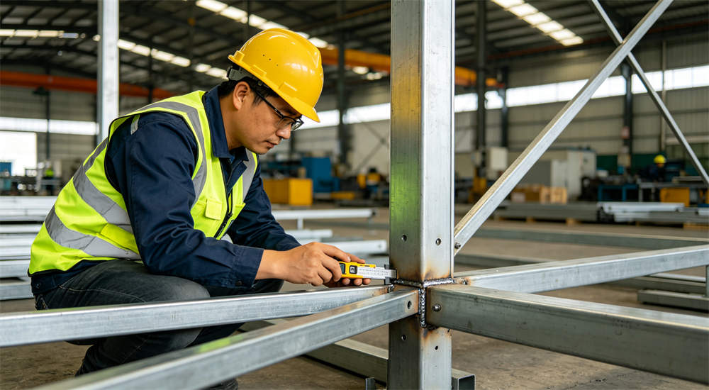 Metal ground stakes and guy ropes securing steel frame relief tent at corner, anchoring system detail for wind stability in disaster relief camps