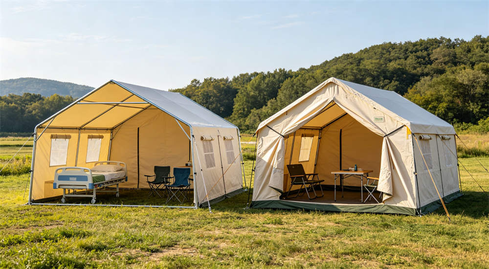 Factory production line workers manufacturing steel frame tents, welding and cutting galvanized steel tubes, Chinese factory production for export, professional product for B2B wholesale and government procurement, durable construction for emergency response