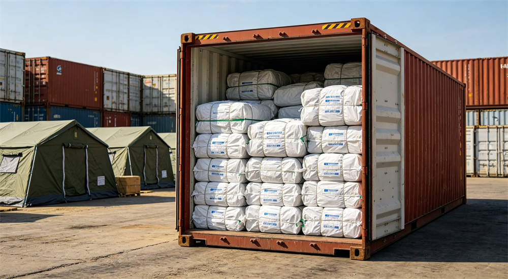 Shipping container loaded with packed relief tents ready for export, international logistics and delivery for government humanitarian procurement orders, professional product for B2B wholesale and government procurement, durable construction for emergency response Shipping container loaded with packed relief tents ready for export, international logistics and delivery for government humanitarian procurement orders, professional product for B2B wholesale and government procurement, durable construction for emergency response