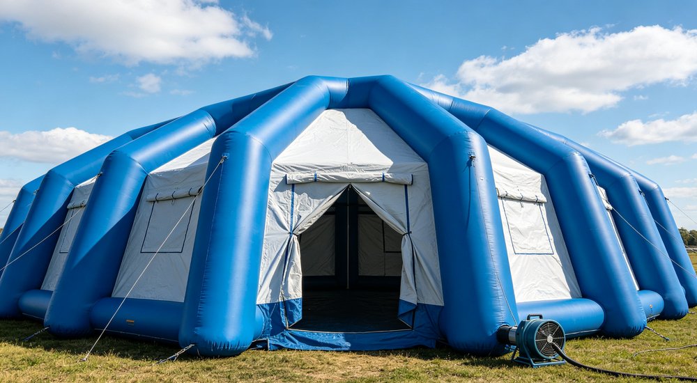 Front entrance view of a heavy duty emergency relief tent displaying the reinforced door frame sturdy zipper entrance and professional military grade construction quality
