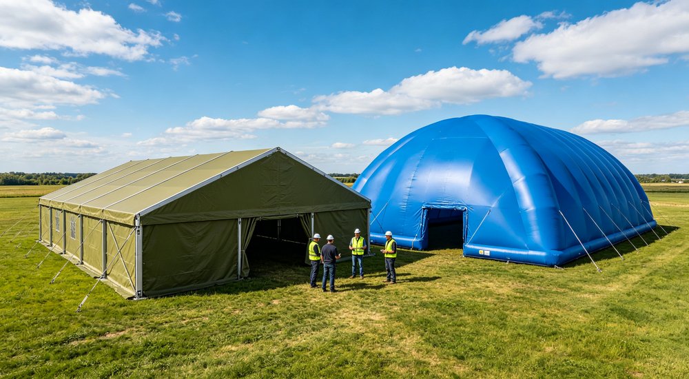 Emergency relief tent deployed in an active earthquake disaster zone providing immediate shelter for affected families with response teams working in the surrounding area