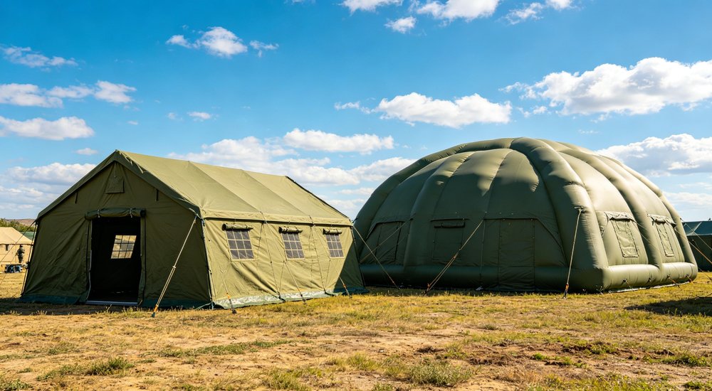 Medical rescue operation area with emergency tents serving as field treatment stations for disaster victims receiving first aid and emergency healthcare from medical teams