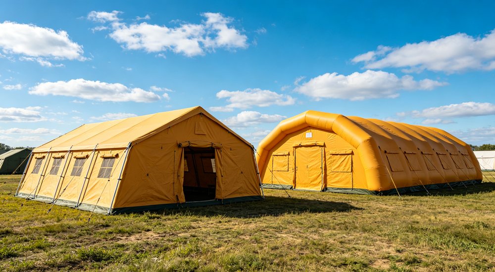 Emergency response tent captured during active deployment showing professional grade construction wind resistant frame and waterproof covering designed for long term use in challenging field conditions