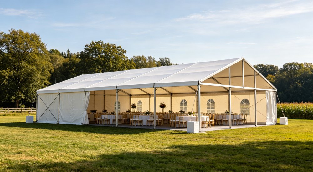 Large emergency shelter tent installed at disaster relief site providing weatherproof accommodation for affected populations with reinforced structure and quality materials visible