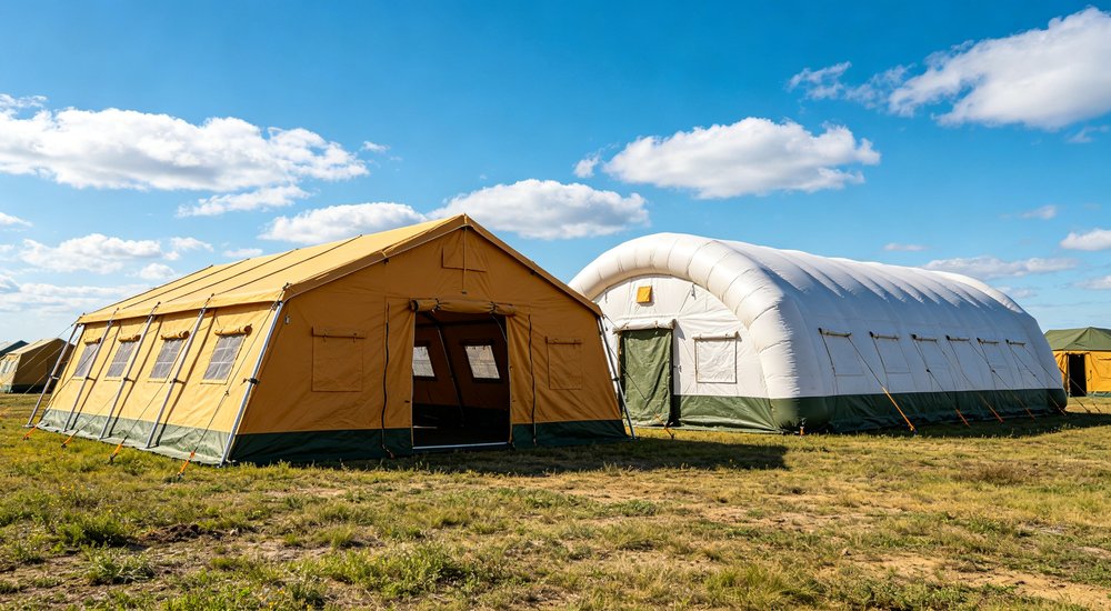 Emergency response tent captured during active deployment showing professional grade construction wind resistant frame and waterproof covering designed for long term use in challenging field conditions