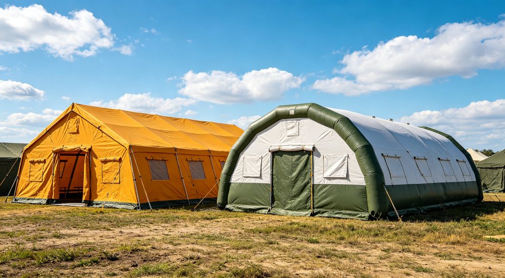 Humanitarian relief tent photographed at aid distribution camp providing reliable shelter with strong steel framework quality stitching and weather resistant fabric for disaster affected communities