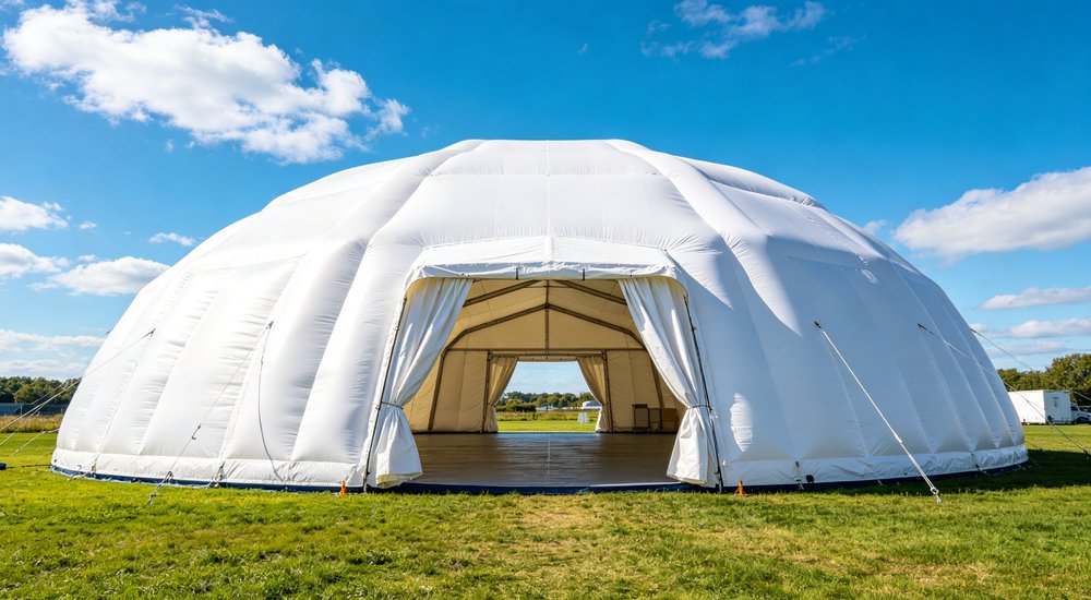 Professional emergency relief tent photographed in field deployment showing sturdy construction waterproof fabric and steel frame design suitable for disaster response and humanitarian aid operations