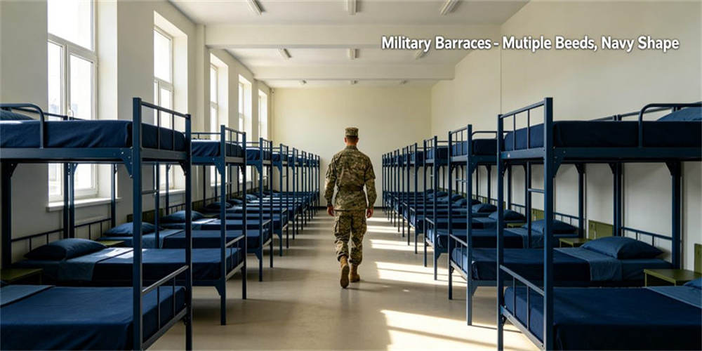 Navy blue military barracks with multiple standard beds, spacious large military dorm view with overall neat room layout