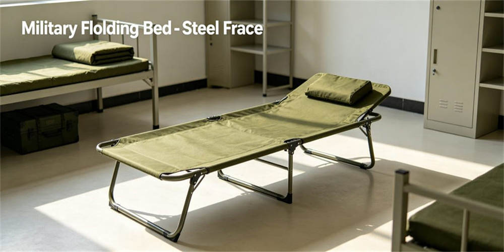 Steel frame sturdy military folding bed, stable portable military camp cot for outdoor field deployment use