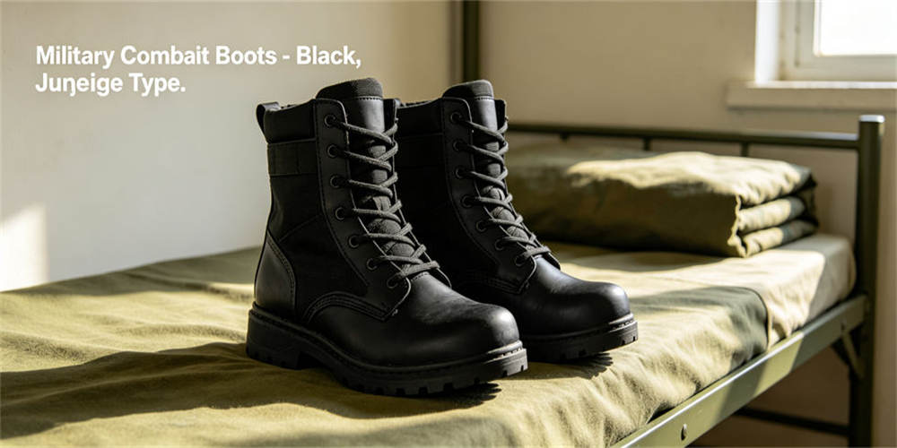 Black military combat boots jungle type, tough rugged outdoor field footwear for wet muddy jungle terrain environment