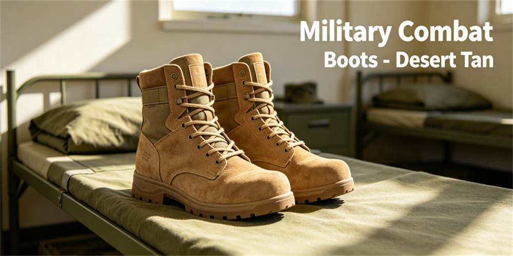 Desert tan military combat boots, hardwearing hot desert field footwear for dry arid desert outdoor regions