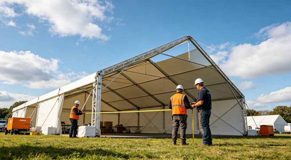 Interior view of a spacious emergency relief tent showing adequate headroom natural lighting through windows and organized living space for displaced family accommodation