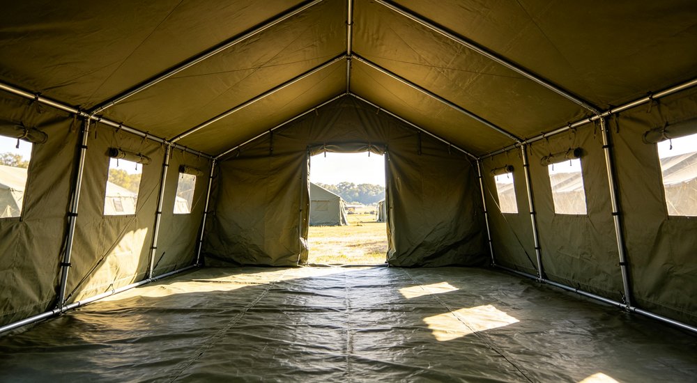 Emergency relief tent camp established after major natural disaster providing temporary shelter for hundreds of displaced families with organized sanitation and support facilities
