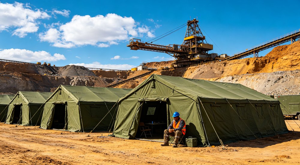 Humanitarian relief tent photographed at aid distribution camp providing reliable shelter with strong steel framework quality stitching and weather resistant fabric for disaster affected communities