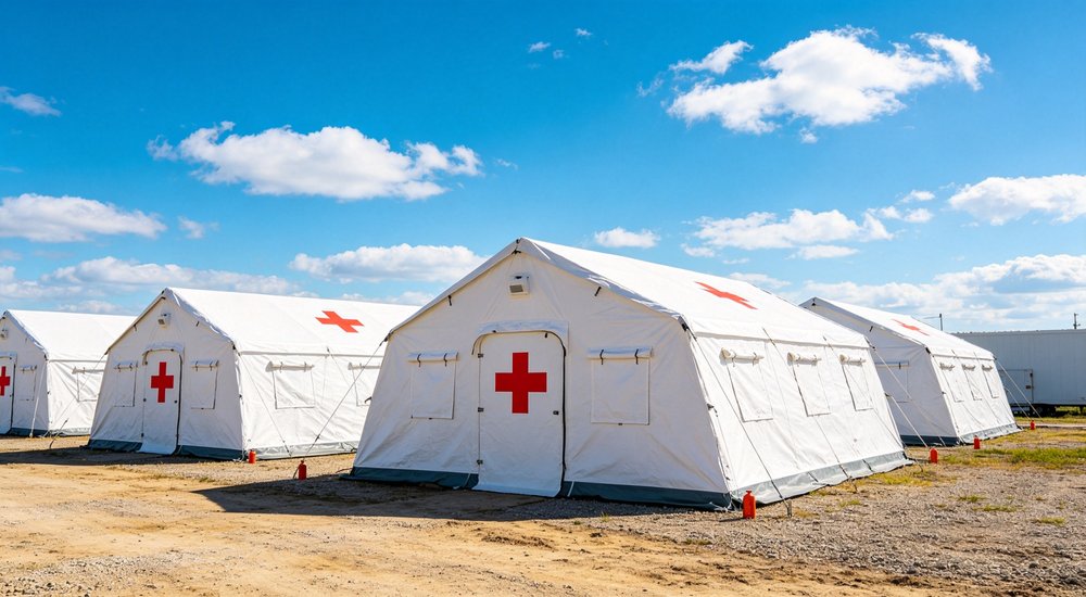 Professional emergency relief tent photographed in field deployment showing sturdy construction waterproof fabric and steel frame design suitable for disaster response and humanitarian aid operations