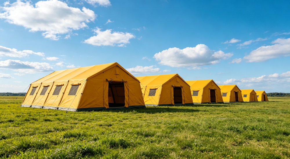 Professional emergency relief tent photographed in field deployment showing sturdy construction waterproof fabric and steel frame design suitable for disaster response and humanitarian aid operations