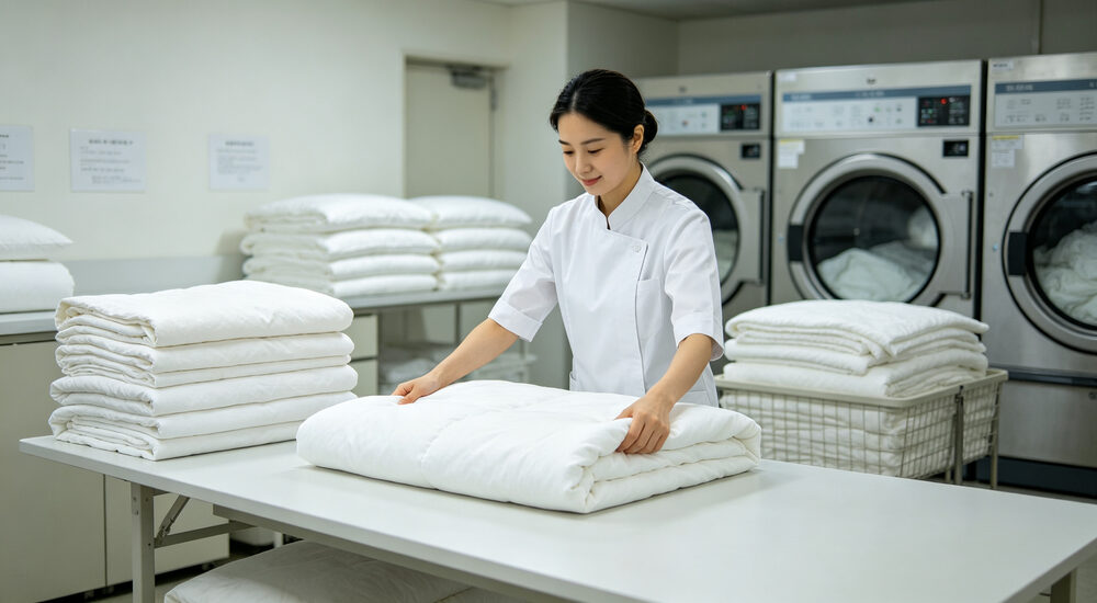 Wide-angle view of emergency shelter facility with clean institutional bedding arranged for disaster relief victims suitable for emergency shelters hospitals universities and hotels requiring durable comfortable bedding solutions