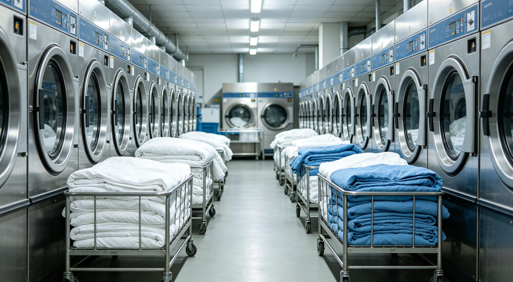 Wide-angle view of emergency shelter facility with clean institutional bedding arranged for disaster relief victims suitable for emergency shelters hospitals universities and hotels requiring durable comfortable bedding solutions