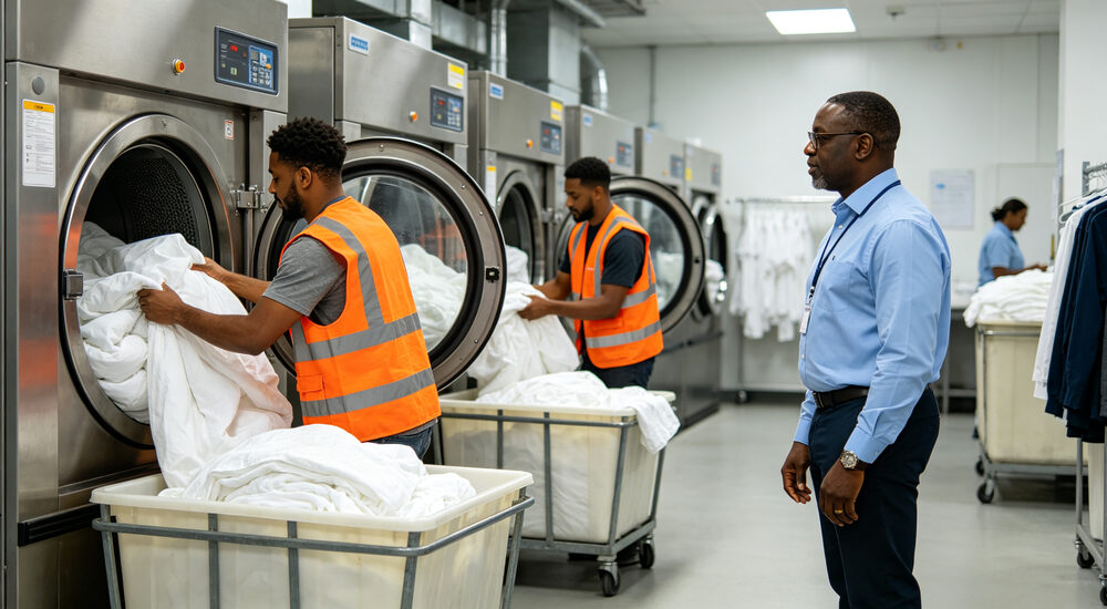 Commercial laundry facility scene with industrial washing machines processing institutional bedding for high volume facilities suitable for emergency shelters hospitals universities and hotels requiring durable comfortable bedding solutions