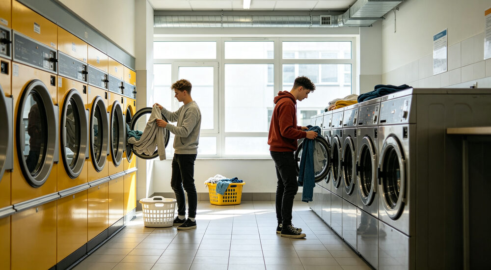 Commercial laundry facility scene with industrial washing machines processing institutional bedding for high volume facilities suitable for emergency shelters hospitals universities and hotels requiring durable comfortable bedding solutions