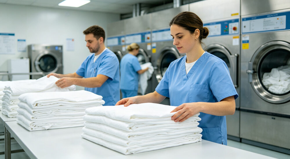 Wide-angle scene of hotel room with premium white institutional bedding and housekeeping staff maintaining quality standards suitable for emergency shelters hospitals universities and hotels requiring durable comfortable bedding solutions