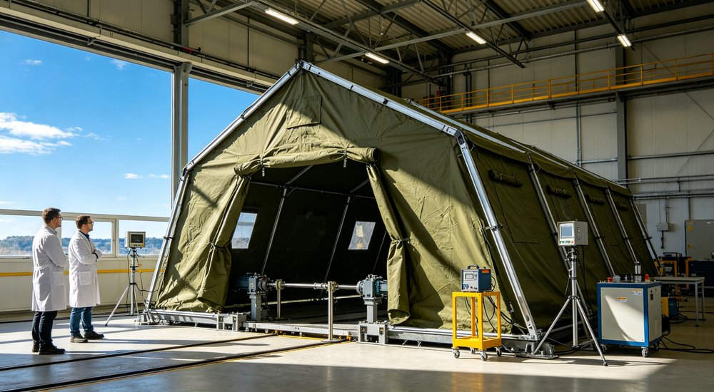 Earthquake affected region showing emergency relief tents deployed near damaged buildings providing immediate safe shelter for survivors while recovery and reconstruction work continues