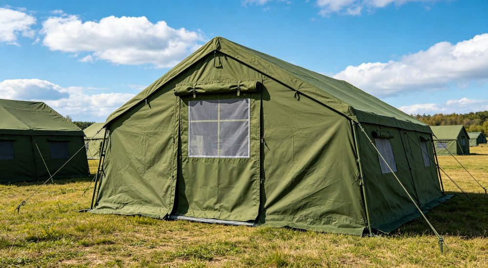 Emergency response tent captured during active deployment showing professional grade construction wind resistant frame and waterproof covering designed for long term use in challenging field conditions