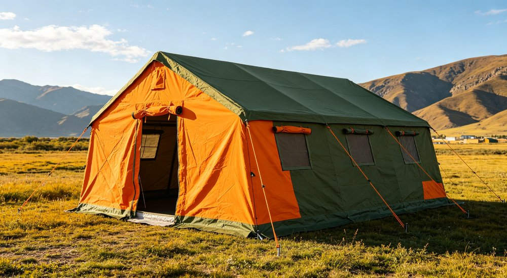 Field deployed emergency shelter showing robust frame construction waterproof material and practical design features meeting international standards for disaster response and refugee accommodation