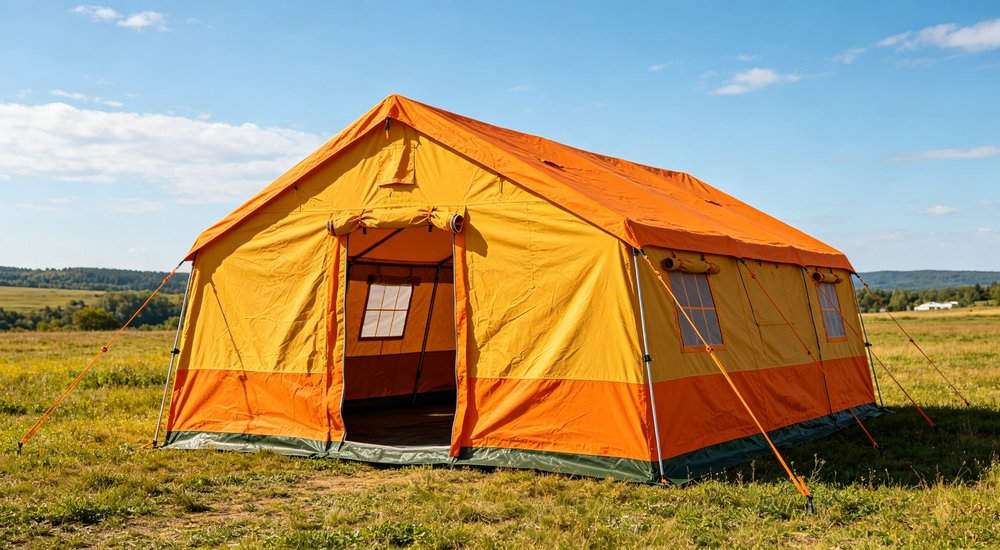 Emergency response tent captured during active deployment showing professional grade construction wind resistant frame and waterproof covering designed for long term use in challenging field conditions
