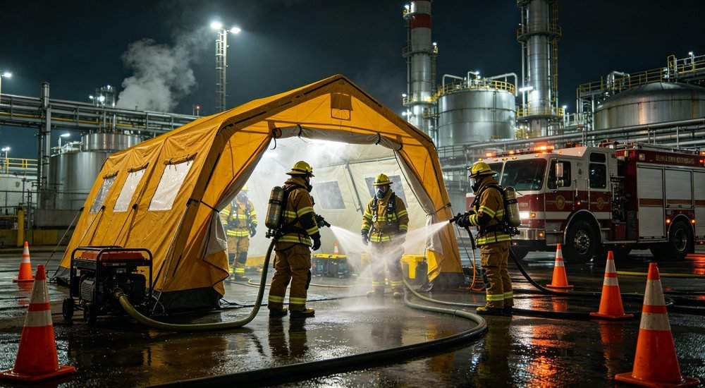 Wide angle shot of chemical decontamination tent set up at industrial chemical plant emergency with firefighters in hazmat suits operating spray systems and orange cones