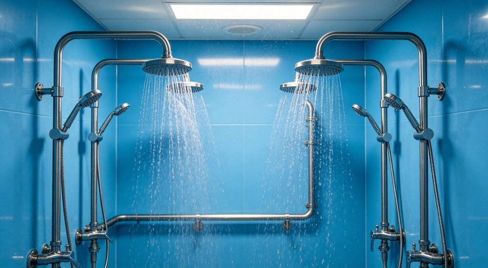 Interior view of decontamination shower system with multiple overhead spray nozzles and stainless steel piping with water flowing in clean blue interior