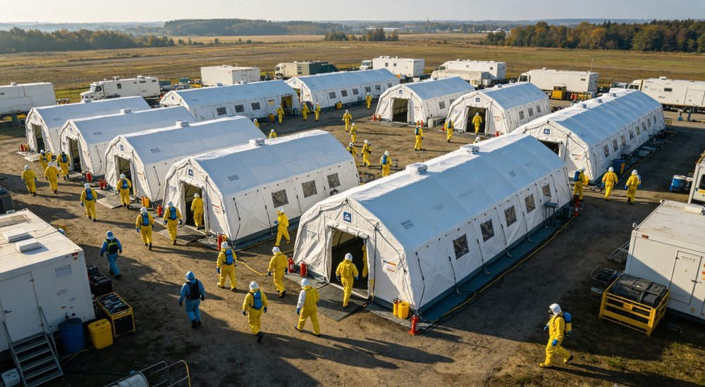Wide angle shot of multiple decontamination tents connected together forming large mass decon facility with hazmat workers moving between units at base camp