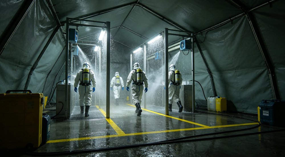 Wide angle shot of decontamination tent interior with workers in protective suits walking through sequential washing stations with water spraying and yellow markings