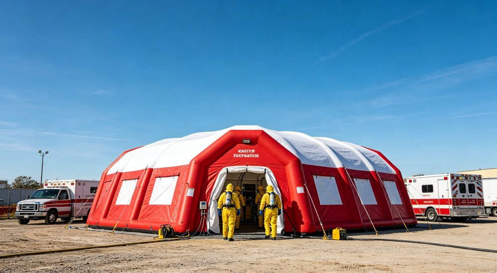 wide view of professional inflatable decontamination tent at emergency site, professional product photography, blue sky background, designed for emergency response and disaster relief