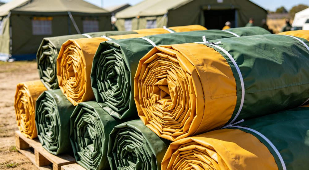 Humanitarian relief tent photographed at aid distribution camp providing reliable shelter with strong steel framework quality stitching and weather resistant fabric for disaster affected communities