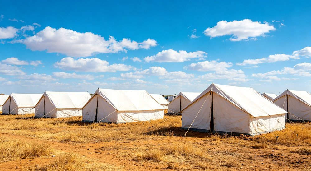 Professional emergency relief tent photographed in field deployment showing sturdy construction waterproof fabric and steel frame design suitable for disaster response and humanitarian aid operations