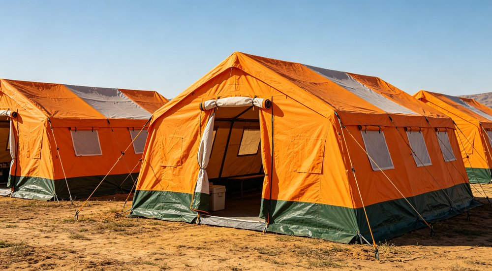 Humanitarian relief tent photographed at aid distribution camp providing reliable shelter with strong steel framework quality stitching and weather resistant fabric for disaster affected communities