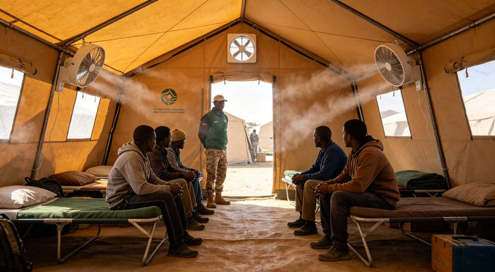 Humanitarian relief tent photographed at aid distribution camp providing reliable shelter with strong steel framework quality stitching and weather resistant fabric for disaster affected communities