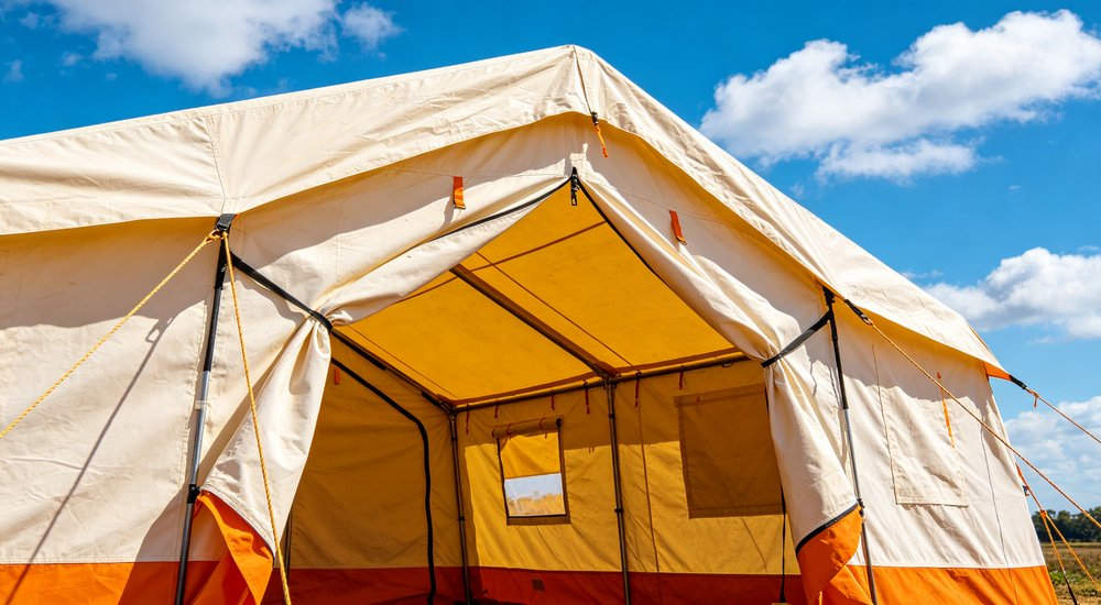 Humanitarian relief tent photographed at aid distribution camp providing reliable shelter with strong steel framework quality stitching and weather resistant fabric for disaster affected communities Humanitarian relief tent photographed at aid distribution camp providing reliable shelter with strong steel framework quality stitching and weather resistant fabric for disaster affected communities