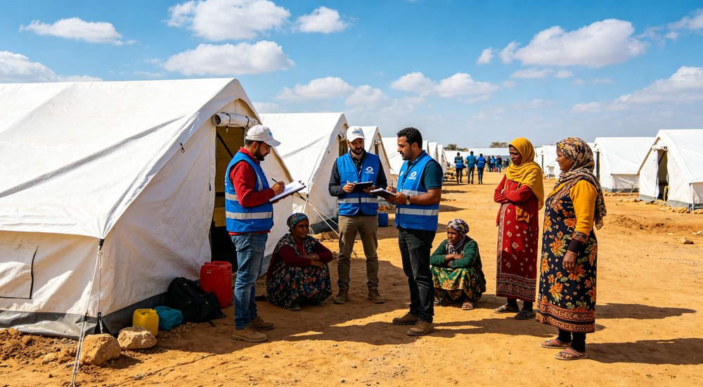Field deployed emergency shelter showing robust frame construction waterproof material and practical design features meeting international standards for disaster response and refugee accommodation