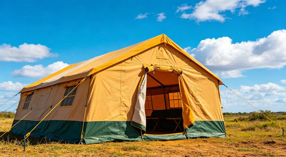 Large emergency shelter tent installed at disaster relief site providing weatherproof accommodation for affected populations with reinforced structure and quality materials visible