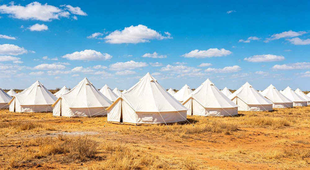 Emergency response tent captured during active deployment showing professional grade construction wind resistant frame and waterproof covering designed for long term use in challenging field conditions
