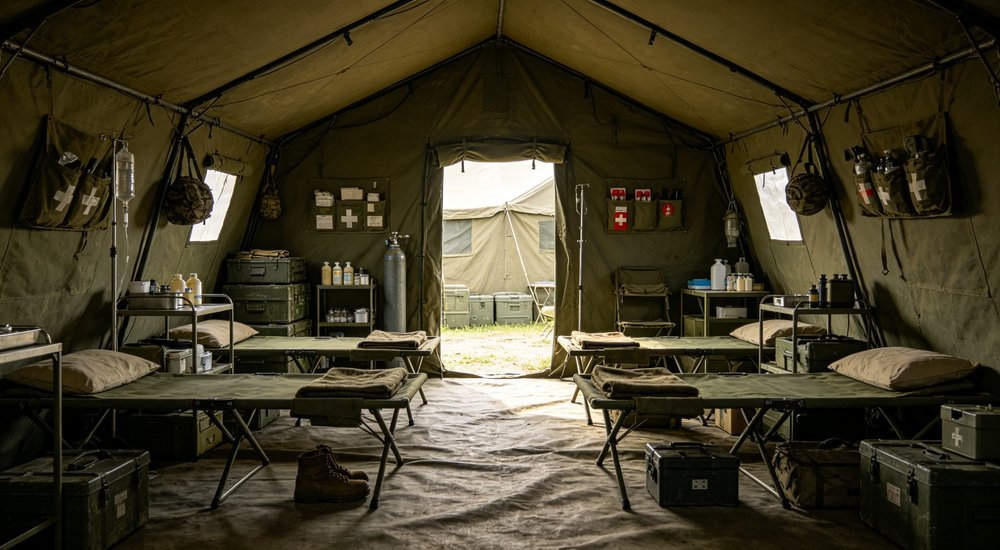 Interior of military medical tent with cots, medical supplies and first aid equipment, field hospital setup, clean organized space, realistic photography