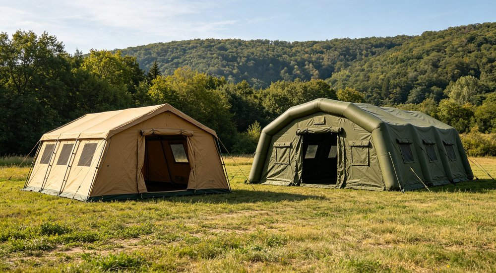 Side by side comparison of steel frame tent and inflatable military shelter, two different structures in grassy field with forest background, realistic outdoor photography