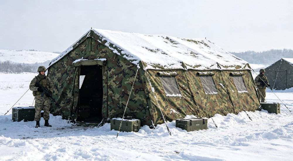 Military camouflage tent in snowy winter environment with snow covering roof, cold white landscape, soldiers standing guard nearby, realistic winter outdoor photography