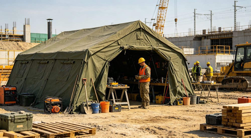 Military green tent used for field construction work with workers in safety helmets, tools and industrial equipment, construction site background, realistic photography