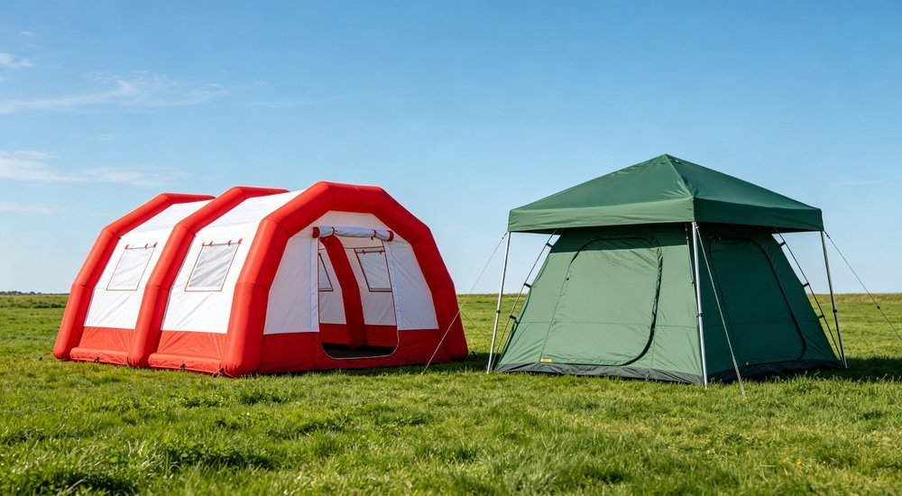 Side by side comparison of inflatable emergency tent and steel frame relief tent on grass field under bright blue sky, two different shelter types, professional outdoor photography Side by side comparison of inflatable emergency tent and steel frame relief tent on grass field under bright blue sky, two different shelter types, professional outdoor photography